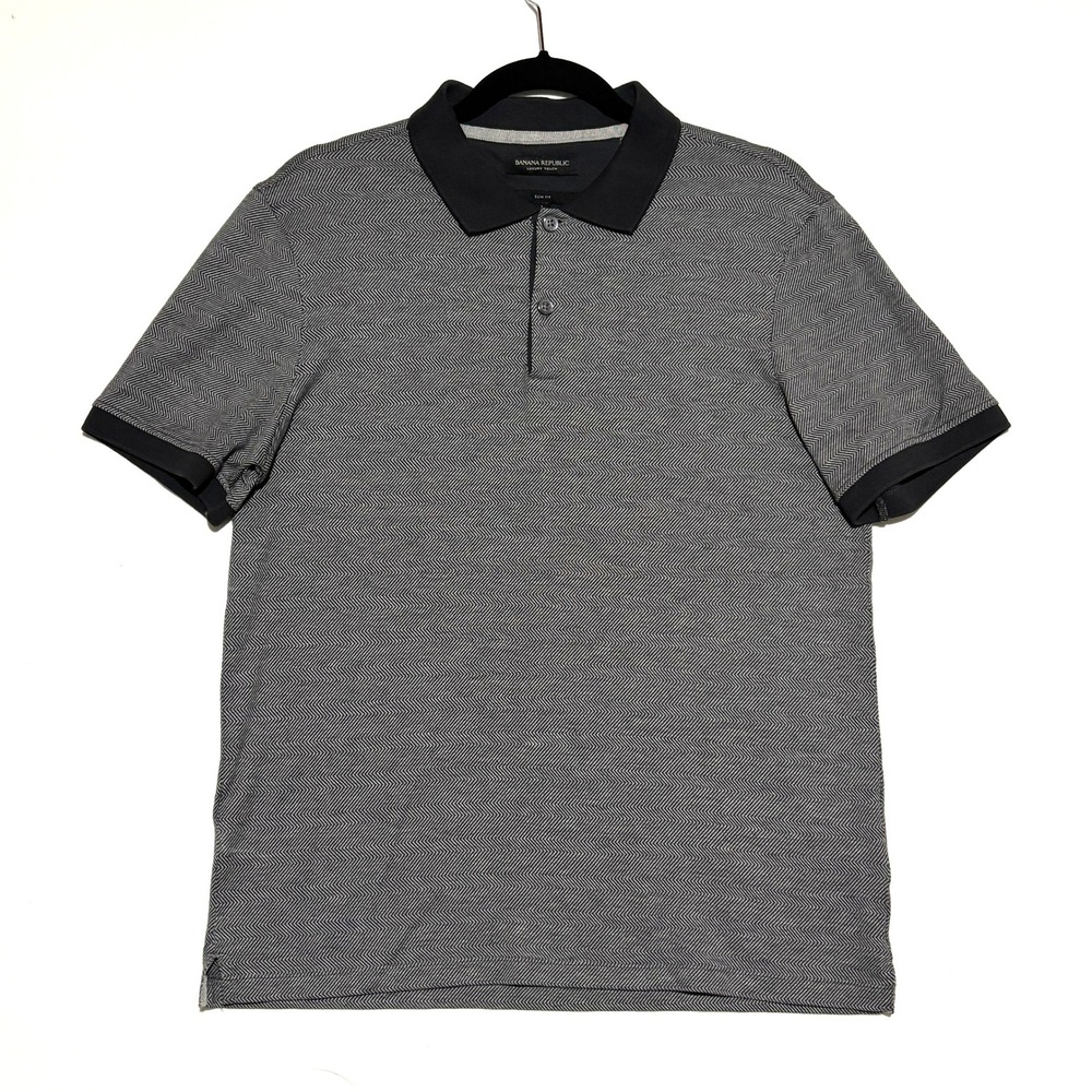 Banana Republic Polo Shirt Mens L Black White Luxury Touch Herringbone Preppy